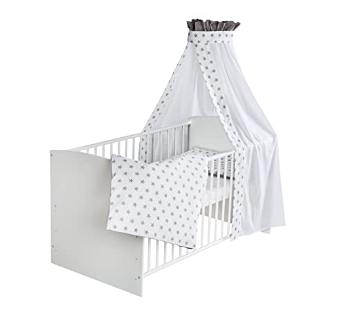 Schardt - Baby Komplettbett Set 70x140cm Classic White - Big Stars Grey - 3 Teilig inkl. Matratze, Himmelstange, Textil-Set