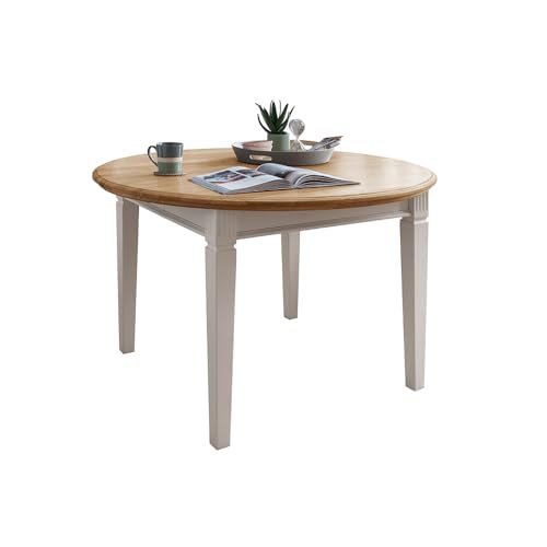 Lomadox Ausziehtisch Tisch rund, 120/160x75cm, Kiefer weiß mit Eiche, Massivholz, montiert
