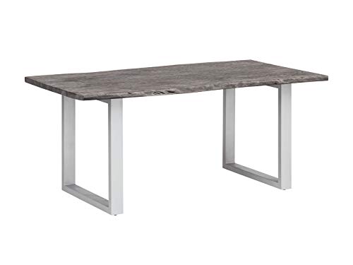 Woodkings® Esstisch Bullwer 170x90 Holz Akazie grau, Metallfuß silberfarben, Tisch mit Baumkante, Baumtisch, Baumkantentisch, Echtholz modern, Massivholz, Küchentisch, Esszimmermöbel