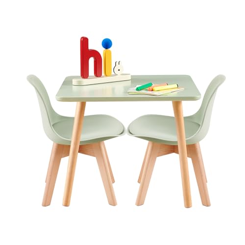 LuxNook Kindertisch mit 2 Stühlen, Kindersitzgruppe, aus FSC nachhaltigem massivem Buchenholz, 1 bis 6 Jahre Kinder, Kindermöbel für Kinderzimmer, Kindergärten, grün