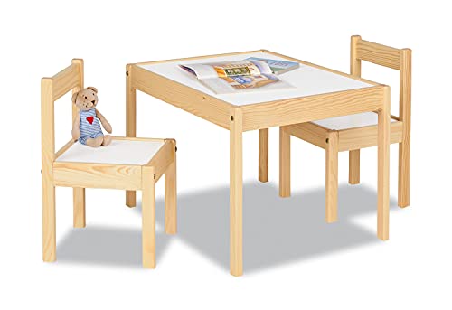 Pinolino Kindersitzgruppe Olaf, 3-teilig, aus Holz, 2 Stühle und 1 Tisch, für Kinder ab 2 Jahren, klar lackiert und Dekor Uni, weiß