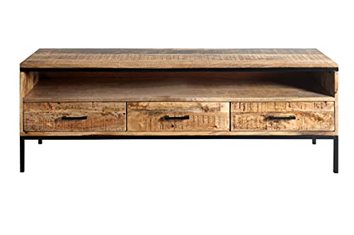 SAM Lowboard Arta 2, Mangoholz massiv, TV-Board mit 3 Schubladen & einem offenen Fach, Metallelemente & -Griffe, 150 x 50 x 40 cm