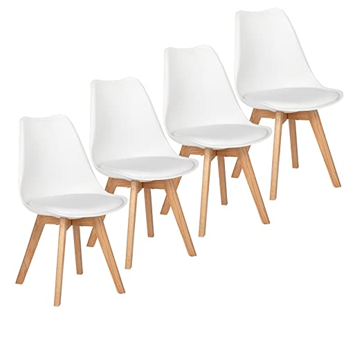 EGGREE 4er Set Esszimmerstühle Eiche Skandinavisch Stühle SGS Geprüfter mit Massivholz Eiche Bein und Kunstlederkissen, Weiß