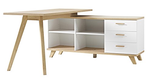 Germania 4058-221 Schreibtisch mit integriertem Sideboard im skandinavischen Design GW-Oslo in Weiß/Absetzungen Sanremo-Eiche-Nachbildung , 144 x 75 x 145 cm (BxHxT)