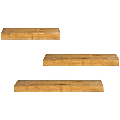 HOMCOM Wandregal 3er-Set Schweberegal Wandboard aus Massivholz, Regal zur Präsentation, für Küche, Wohnzimmer, Badezimmer, Massivholz, Braun, 30/40/50 x 18 x 3,6 cm