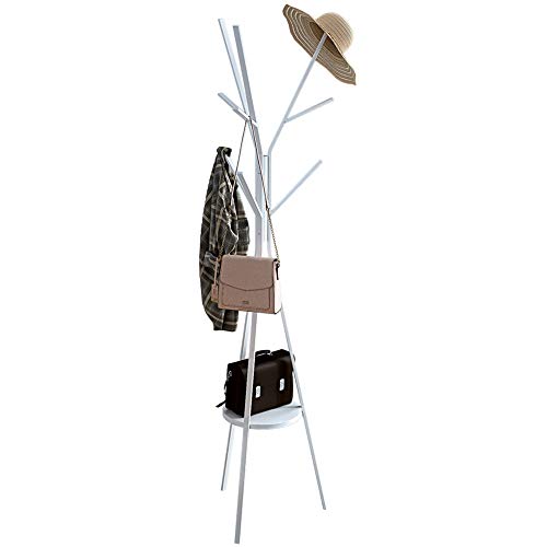 IOTXY Bodenständig Flur Kleiderständer Baum - Weiß 180cm hoher Kleiderbügel mit Ablage und 9 Haken für Handtaschen-Jacken-Schal- Halter, Freestanding Metal Coat Rack Tree in White