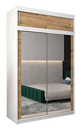 Kryspol Schwebetürenschrank Tokyo 3-150 cm mit Spiegel Kleiderschrank mit Kleiderstange und Einlegeboden Schlafzimmer- Wohnzimmerschrank Schiebetüren (Weiß + Artisan Eiche mit Erweiterung)