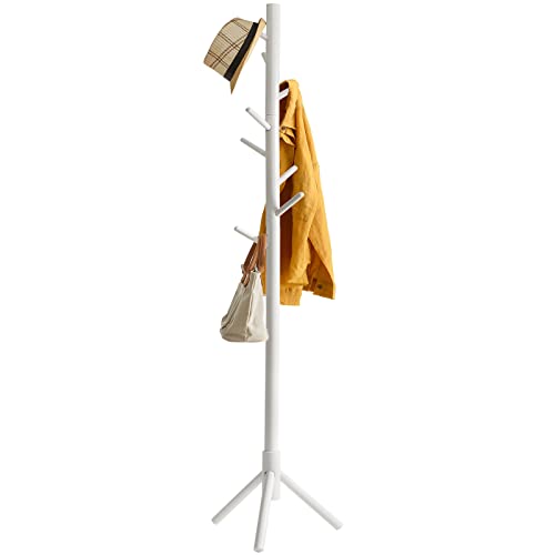 YMYNY Garderobenständer aus Massivholz, Kleiderständer mit 8 Haken, Freistehende Garderobe in Baumform, für Jacken, Hüte, Taschen, Eingangsbereich, Flur(Weiß) HD-HRF-1194