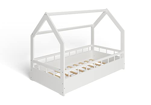ms factory Hausbett Kinderbett 80x160 cm mit Rausfallschutz und Lattenrost - Einzelbett aus Kiefernholz für Mädchen und Junge - Weiß