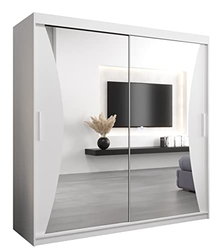 Kryspol Schwebetürenschrank Monaco 200 cm mit Spiegel Kleiderschrank mit Kleiderstange und Einlegeboden Schlafzimmer- Wohnzimmerschrank Schiebetüren Modern Design (Weiß)