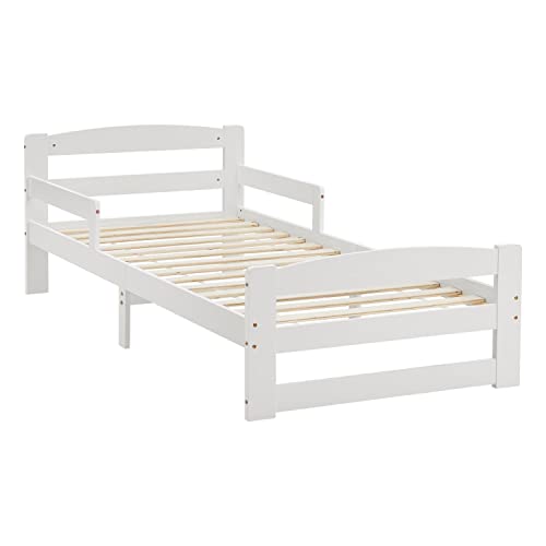 Juskys Jugendbett Arona 90x200 cm mit Lattenrost - Bettgestell aus Massivholz in Weiß - Einzelbett mit Rausfallschutz - Stauraum unter dem Bett