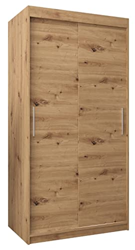 Kryspol Schwebetürenschrank Tokyo 100 cm Kleiderschrank mit Kleiderstange und Einlegeboden Schlafzimmer- Wohnzimmerschrank Schiebetüren Modern Design (Artisan Eiche)