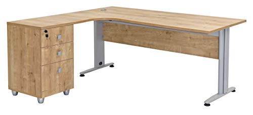 Furni24 Schreibtisch Winkelschreibtisch, Eckschreibtisch, Moderner Bürotisch Computertisch mit großer Arbeitsfläche, Bürotisch, PC Tisch, Dona Eiche 180x120x74cm inkl.Beistellcontainer Links gewinkelt