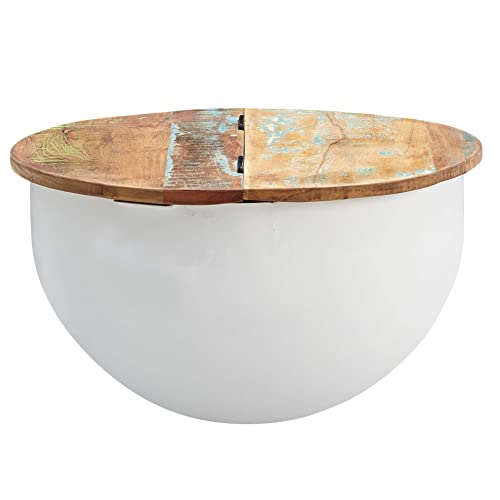 FineBuy Couchtisch Mango 60x34x60 cm Massivholz Metall Tisch Industrial Rund | Design Wohnzimmertisch mit Stauraum | Loungetisch Sofatisch Modern