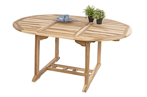 SAM Gartentisch Borneo, Teakholz massiv, runder/ovaler Ausziehtisch 120-170 x 120 cm, Schirmloch & Einlegeplatte, Holztisch für Garten, Wintergarten oder Terrasse, pflegeleichtes Unikat Massivholz