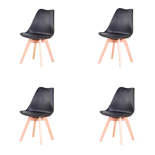 EGOONM 4er Set stühle Esszimmerstühle mit Massivholz Buche Bein, Retro Design Gepolsterter Stuhl Küchenstuhl Holz (Schwarz)