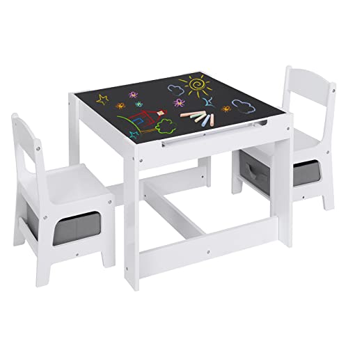 Lestarain Kindertisch mit 2 Stühlen, 3tlg Kindersitzgruppe, Kindertisch Set mit Stauraum, Malttisch Tischplatte mit Tafel und Papierrolle, Kinderzimmer, Spielzimmer, Vorschüler, Weiß