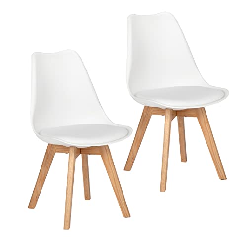EGGREE 2er Set Esszimmerstühle Skandinavisch Küchenstuhl Stühle Modern mit Massivholz Eiche Bein und Kunstlederkissen, Weiß