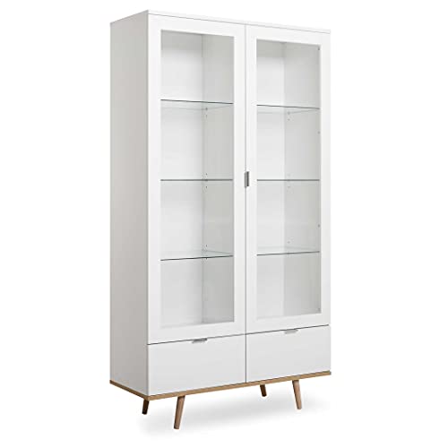 FINORI Vitrine Göteborg in matt weiß und Sonoma Eiche massiv Vitrinenschrank mit Massivholz skandinavisch 100 x 186 cm