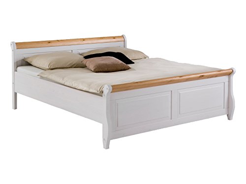 möbelando Bett Einzelbett Doppelbett Ehebett Massivholzbett Jugendbett Silvana I 180 x 200 cm weiß/antik