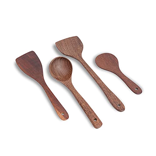 wantanshopping Kochgeschirr 4 stücke Holz Wok Spatel Kelle Set - Küche Massivholz Non-Stick Spatula Küchenlöffel Set Utensilien Geschlitzte Löffel zum Kochen Küchenhelfer