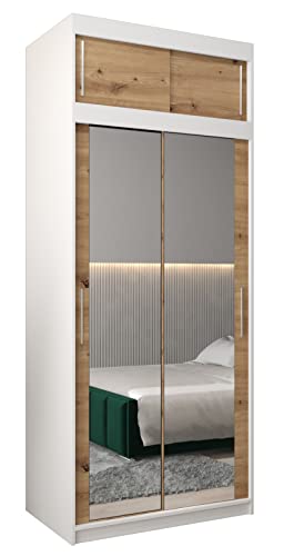 Kryspol Schwebetürenschrank Tokyo 3-100 cm mit Spiegel Kleiderschrank mit Kleiderstange und Einlegeboden Schlafzimmer- Wohnzimmerschrank Schiebetüren (Weiß + Artisan Eiche mit Erweiterung)