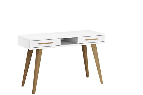 Rauch Möbel Carlsson Schreibtisch, Schreibtisch mit Schubladen im Skandi Stil in Weiß, Griffe/Füße Eiche Massiv, BxHxT 120x75x50 cm