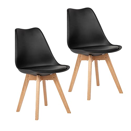 EGGREE 2er Set Esszimmerstühle Skandinavisch Küchenstuhl Stühle Modern mit Massivholz Eiche Bein und Kunstlederkissen, Schwarz