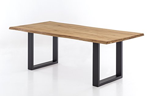 Massivholztisch Brian in Wildeiche, massiver Esstisch mit Baumkante, rustikaler Esszimmertisch mit schwarzen Stahlkufen, Größe:220x100