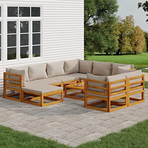 JUNZAI 10-TLG. Garten-Lounge-Set mit Hellgrauen Kissen, Gartenmöbel, Balkonmöbel, Gartenlounge, Terassenmöbel Außen, Loungemöbel Balkon, Gartengarnitur, Massivholz