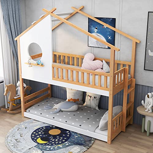 Hausbett mit Treppe & Fenster 200x90cm, Kinderbett mit Rausfallschutz und Lattenrost, Vielseitiges Kiefernholz Kinderbett Spielbett für Jungen & Mädchen - Massivholz Kinder Bett, Weiß