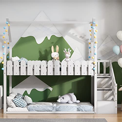 Mingfuxin Hausbett Kinderbett Massivholz Etagenbett mit 3 Treppe, 2 Schubladen, Zaun Rausfallschutz Kinderbett(Weiß)