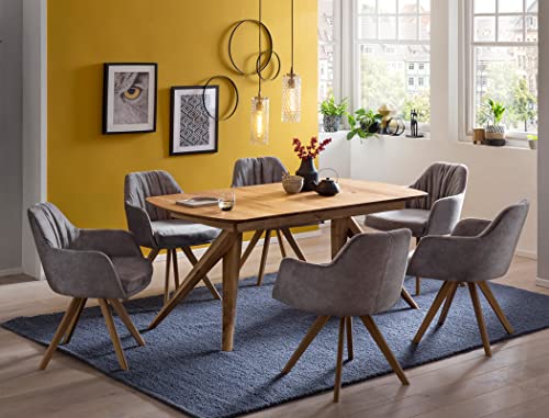 Tischgruppe Ausziehtisch Ando XL 160(210) x90 cm Eiche rustikal massiv +Drehsessel Malou 11 Bezug Velours Cloud Gray Varianten, Anzahl Sessel:mit 4 Sesseln