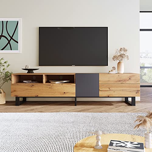 Merax TV Lowboard 180 cm Schwarz Wildeiche, TV Bank, TV Schrank mit 2 Schließfach und 2 Schublade, Vintage Industrial, Fernsehtisch TV Board Rack, für Wohnzimmer und Esszimmer, 180 x 38 x 50 cm