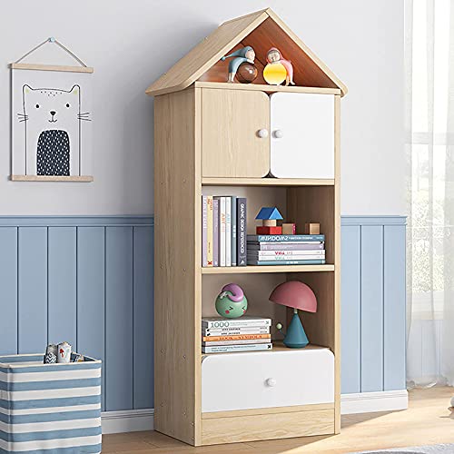 ksamwjf Kinder Bücherregal aus Holz, Hausförmiges stabiles Bücherregal Puppenhaus, 4-stufiger Bücherschrank mit Tür und Schublade, Kinderspielzeug Organizer Regale für B