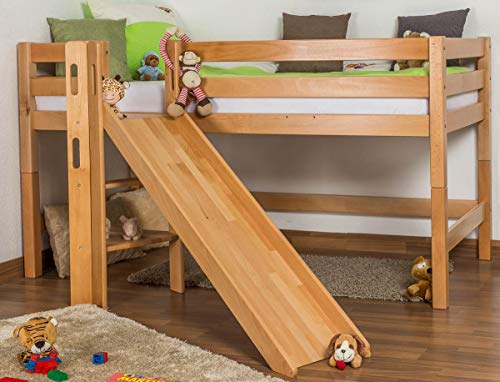 Kinderbett Hochbett Samuel Buche Vollholz massiv mit Rutsche natur inkl. Rollrost - 90 x 200 cm