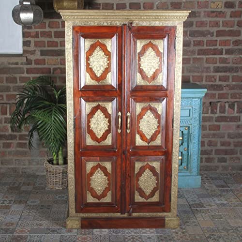 Casa Moro Orientalischer Drehtürenschrank Kiron 84x40x150 (BxTxH) aus Massivholz 2 türig | Vintage Kleiderschrank in rot-braun Gold Holz-Schrank im Kolonial-Stil | Kunsthandwerk | MA31-300