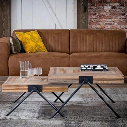 RINGO-Living eckiger Massivholz Couchtisch Industrial Style Sagara aus Teakholz, 80x80cm, Natur-dunkler Wohnzimmertisch viereckig mit schwarz-matten Metallbeinen, Holztisch Wohnzimmer Braun & Schwarz