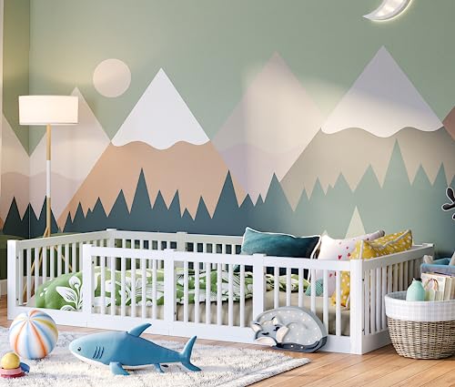 Bellabino Tapi Bodenbett 90 x 200 cm mit Rausfallschutz und runden Streben, Montessori Kinderbett für Jungen und Mädchen aus Kiefer Massivholz inkl. Lattenrost weiß lackiert