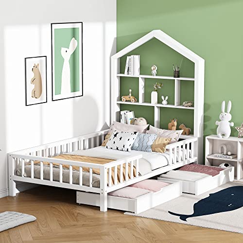 Hausbett Kinderbett Jugendbett, Funktionsbett mit Bücherregal Ablage mit Fallschutz Multifunktionsholz Kinderbett Jungen und Mädchen, Schubladen Massivholz Kinderbett mit Lattenrost 200 x 90 - Weiß