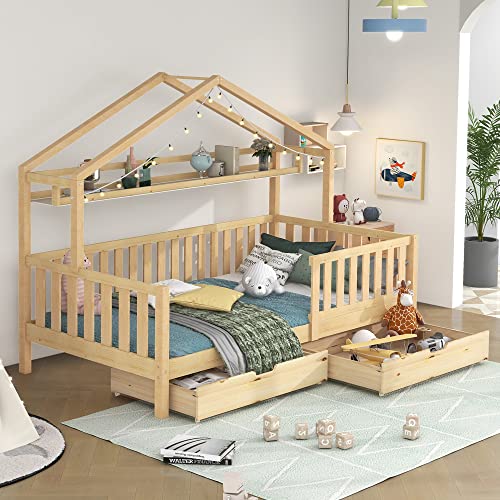 FEZTOY Kinderbett Hausbett 90x200 cm, Massivholz Rausfallschutz Bett mit 2 Schubladen und Ablage,Multifunktionsholz Massivholz Kinderbett für Kinder, Jungen und Mädchen (ohne Matratze), Natur