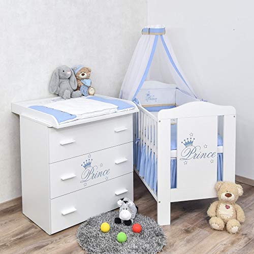 Generisch Baby Delux Babyzimmer Kinderzimmer Komplettzimmer Set Babybett Kommode weiß Bettset Prinz blau