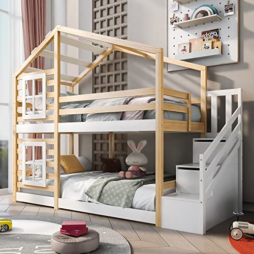 Oyemige Kinderbett Hausbett 90 x 200 mit Schublade und Rausfallschutz, Hochbett Kinder und Lattenrost, Etagenbett für 2 Kinder, Massivholz Kinderbett, Jugendbett (Ohne Matratze)