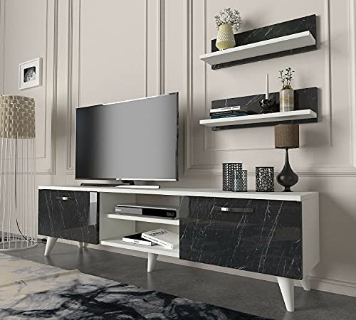 ADHW Fernsehschrank Wohnwand Weiß Wohnzimmerschrank modern TV Lowboard Holz Schrankwand massiv