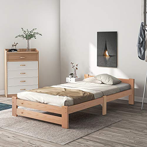 ATHRZ Solide Massivholzbett Futonbett Massivholz Natur Bett aus mit Kopfteil und Lattenrost,Natur (200x90cm)