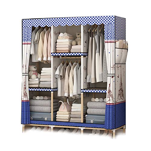 WIQUYBML Tragbarer Kleiderschrank aus Stoff für Schlafzimmer, Massivholz-Kleiderorganis ator, Schrank, Kleiderschrank, Aufbewahrungsorganisator, einfach zu montieren, Blau_145 x 45 x 170 cm/