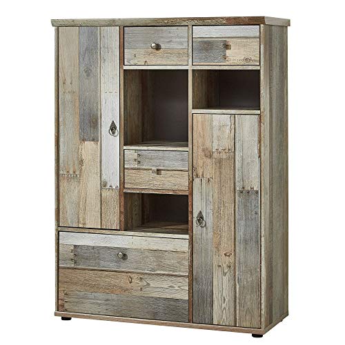 Stella Trading Bonanza Vintage Highboard in Driftwood Optik - ausdrucksstarkes Retro Highboard mit viel Stauraum für Ihren Wohnbereich - 99 x 133 x 39 cm (B/H/T)