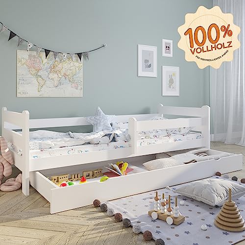 Kids Collective Kinderbett Jugendbett 90x200 cm mit Rausfallschutz | Voll-Holz inkl. Lattenrost & Schublade in weiß Kiefer | Mädchen Jungen Bett skandinavisch