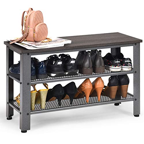 COSTWAY Schuhbank mit Metallrahmen, Schuhregal mit 2 Gitterablagen, Schuhschrank im Industriedesign, Konsolentisch für Eingang, Wohnzimmer (Dunkelbraun und grau)