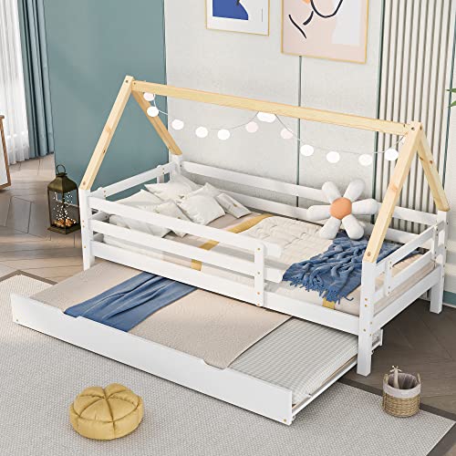 Hausbett 200x90cm, Kinderbett mit Rausfallschutz, Ausziehbett, Spielbett für Jungen & Mädchen, Einzelbett Tagesbett Massivholz Kinder Bett